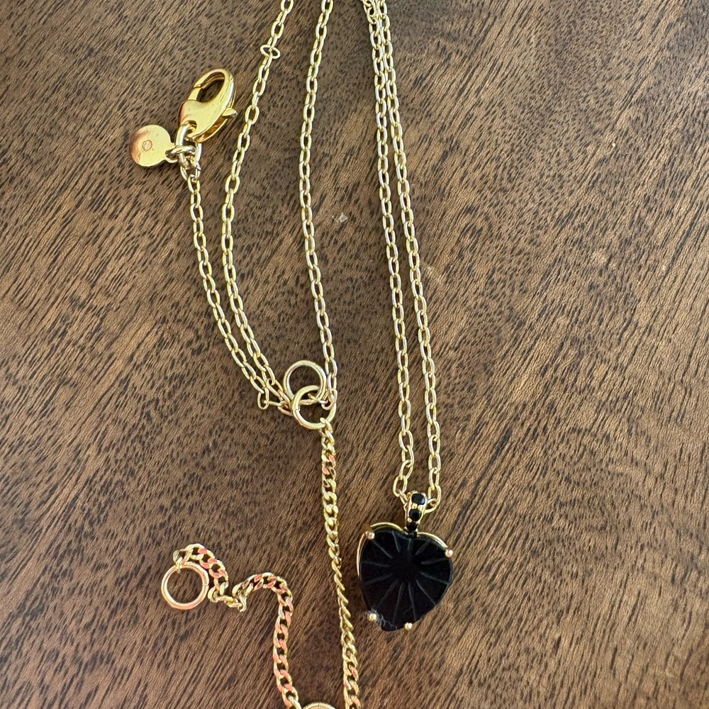 Madewell Gold-Toned Necklace with Black Gemstone Pendant and Heart Charms